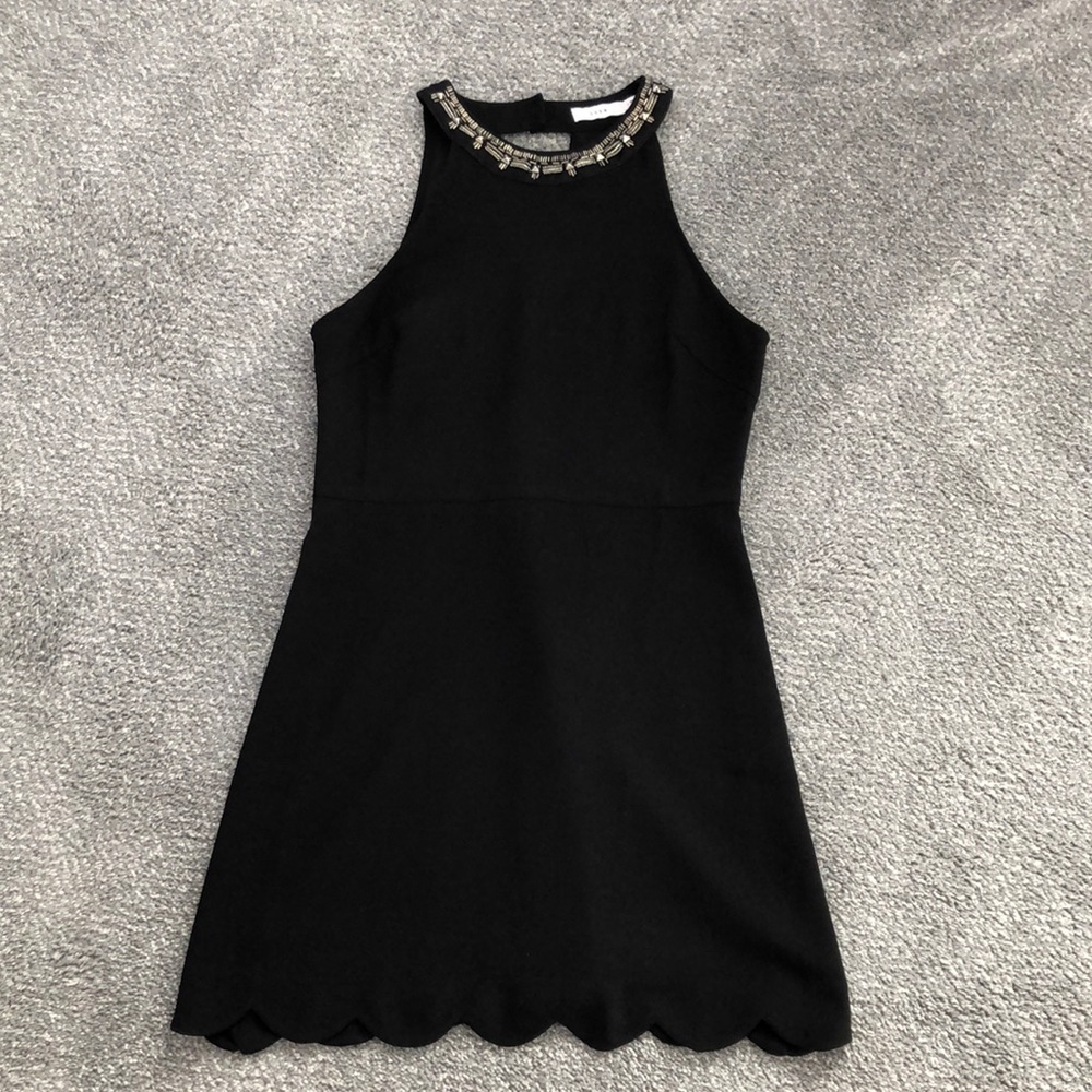 Lulu’s beaded halter dress with scalloped edge